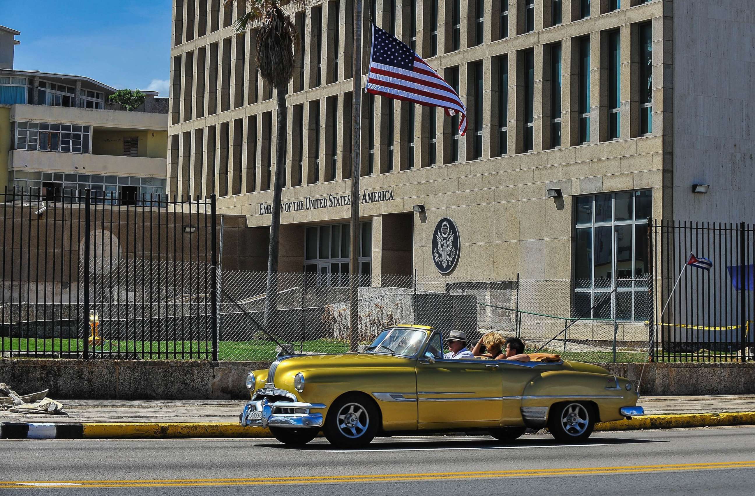 PHOTO: A vintage car drives past the  US embassy in Havana, Cuba, Oct. 3, 2017.