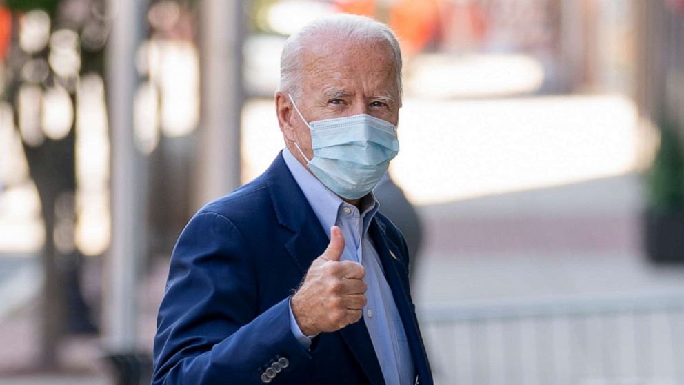 PHOTO: Democratic presidential candidate former Vice President Joe Biden arrives at New Castle Airport in New Castle, Del., Oct. 7, 2020, after speaking at Gettysburg, Pa.