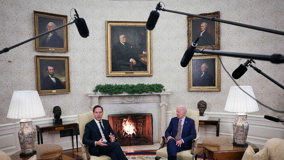 PHOTO: U.S. President Joe Biden meets with Prime Minister Mark Rutte of the Netherlands in the Oval Office of the White House, Jan. 17, 2023 in Washington, DC.