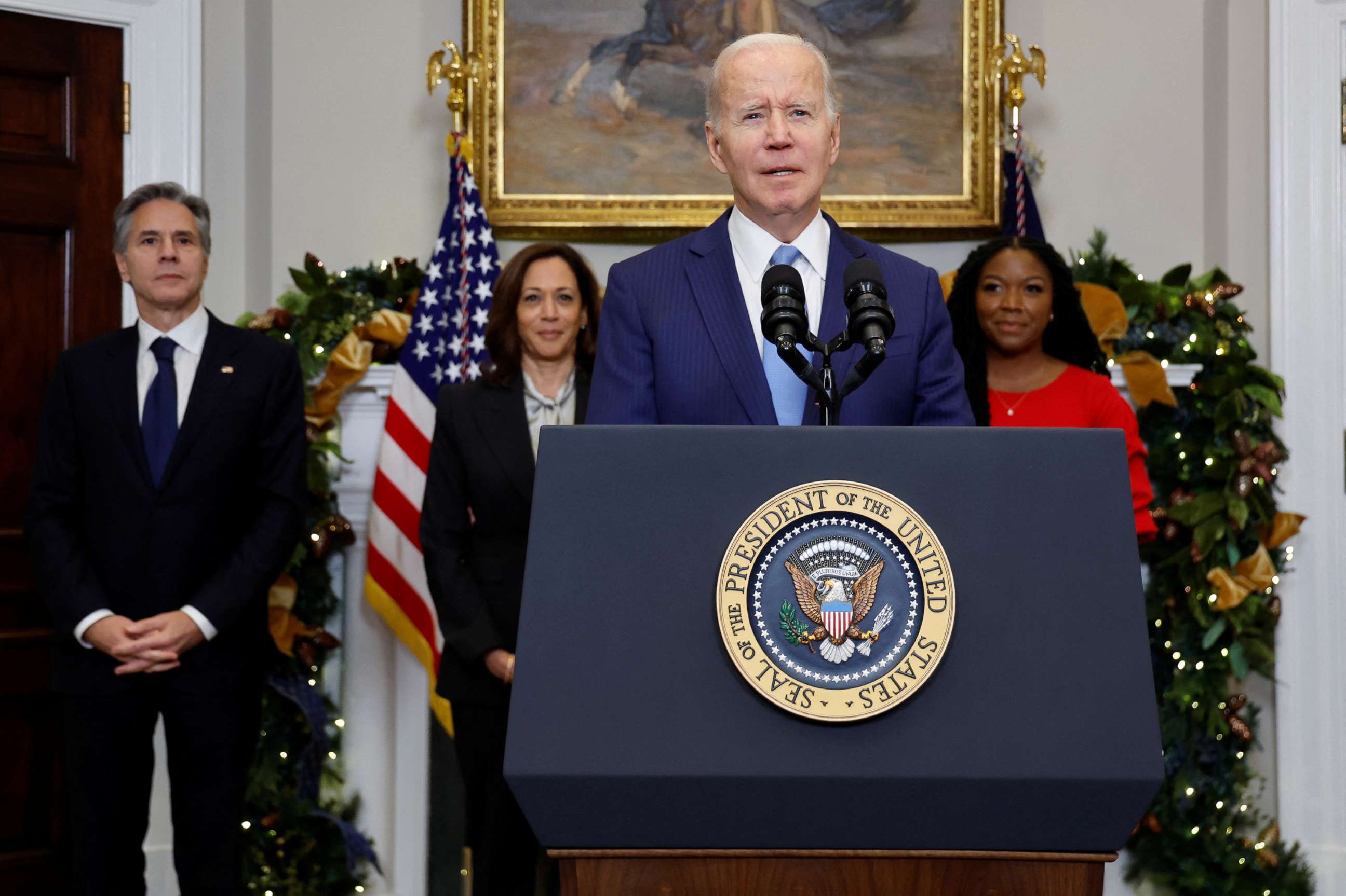 President Joe Biden speaks to reporters about the release of WNBA basketball star Brittney Griner by Russia as U.S. Secretary of State Antony Blinken, Vice President Kamala Harris and Cherelle Griner look the White House in Washington, Dec. 8, 2022.