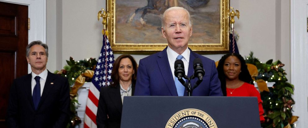 President Joe Biden speaks to reporters about the release of WNBA basketball star Brittney Griner by Russia as U.S. Secretary of State Antony Blinken, Vice President Kamala Harris and Cherelle Griner look the White House in Washington, Dec. 8, 2022.