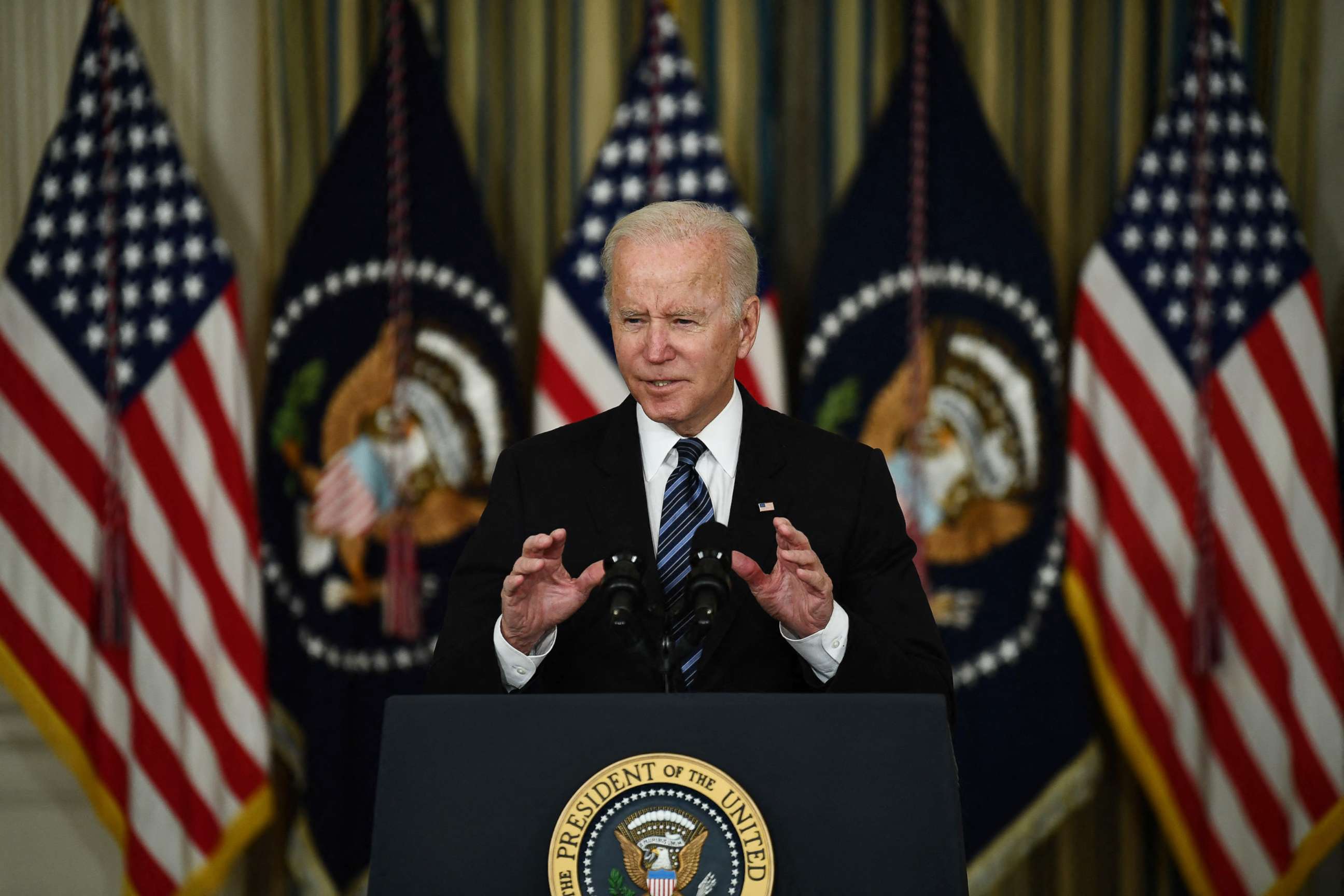 PHOTO: President Joe Biden delivers remarks on the October jobs report from the State Dining Room of the White House in Washington, D.C on Nov. 5, 2021.