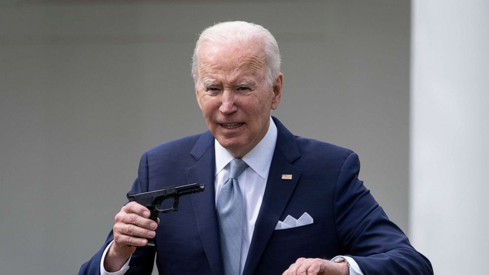 PHOTO: President Joe Biden holds up a ghost gun kit during an event about gun violence in the Rose Garden of the White House April 11, 2022.