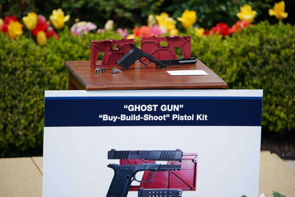 PHOTO: A 9mm pistol build kit is displayed during a event to combat gun crime in the Rose Garden of the White House in Washington, April 11, 2022.