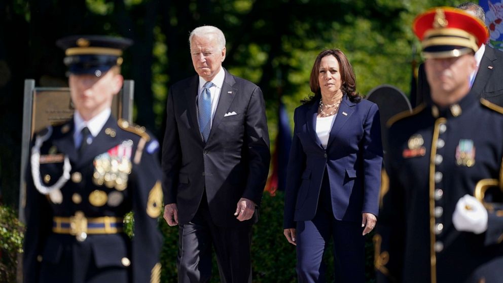 PHOTO: President Joe Biden arrives with Vice President Kamala Harris to place a wreath at the Tomb of the Unknown Soldier at Arlington National Cemetery on Memorial Day, May 31, 2021, in Arlington, Va.