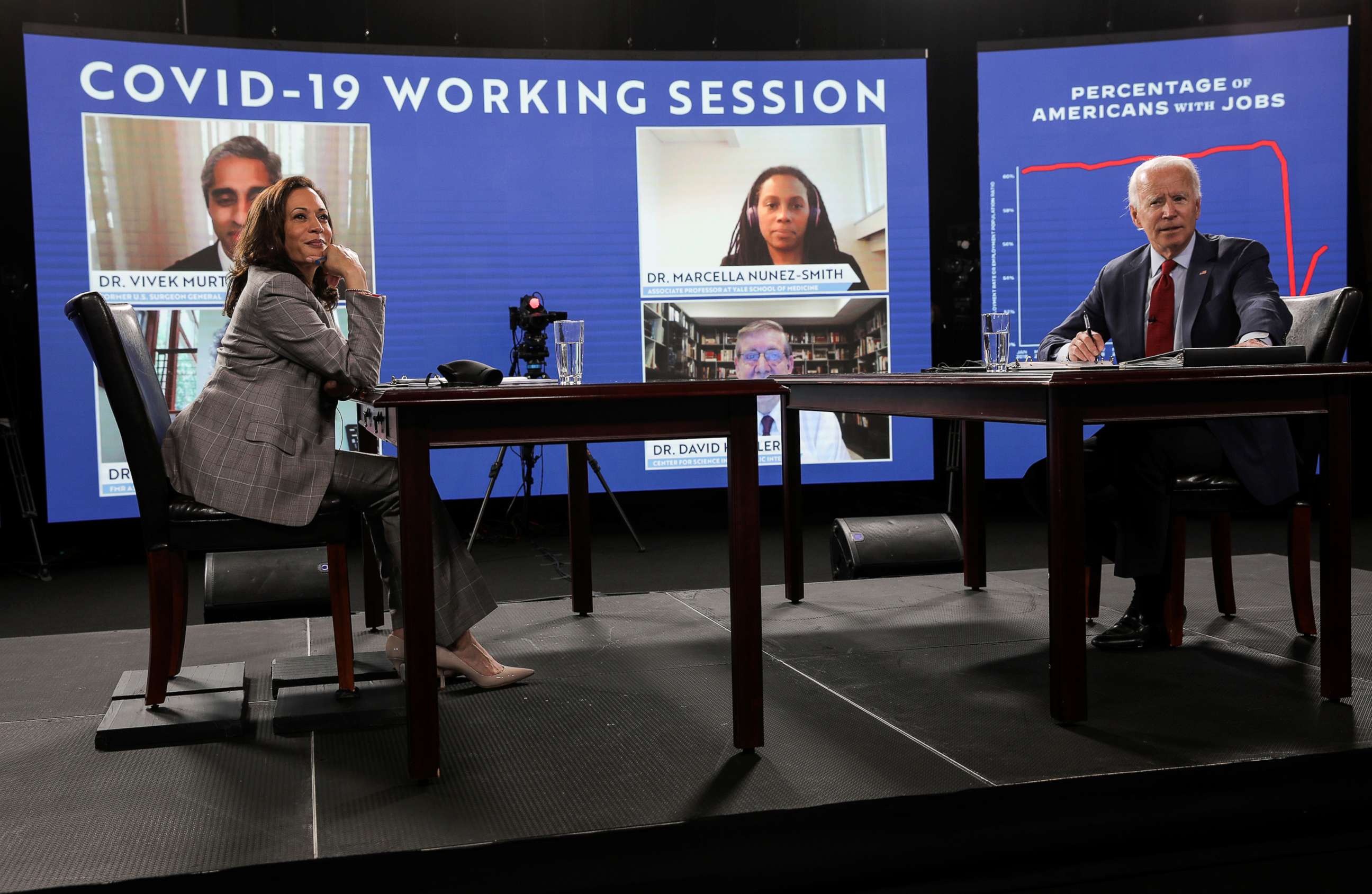 PHOTO: Democratic presidential candidate Joe Biden and vice presidential candidate Kamala Harris are seated prior to participating in a briefing on the COVID-19 pandemic from public health officials, in Wilmington, Del., Aug. 13, 2020.