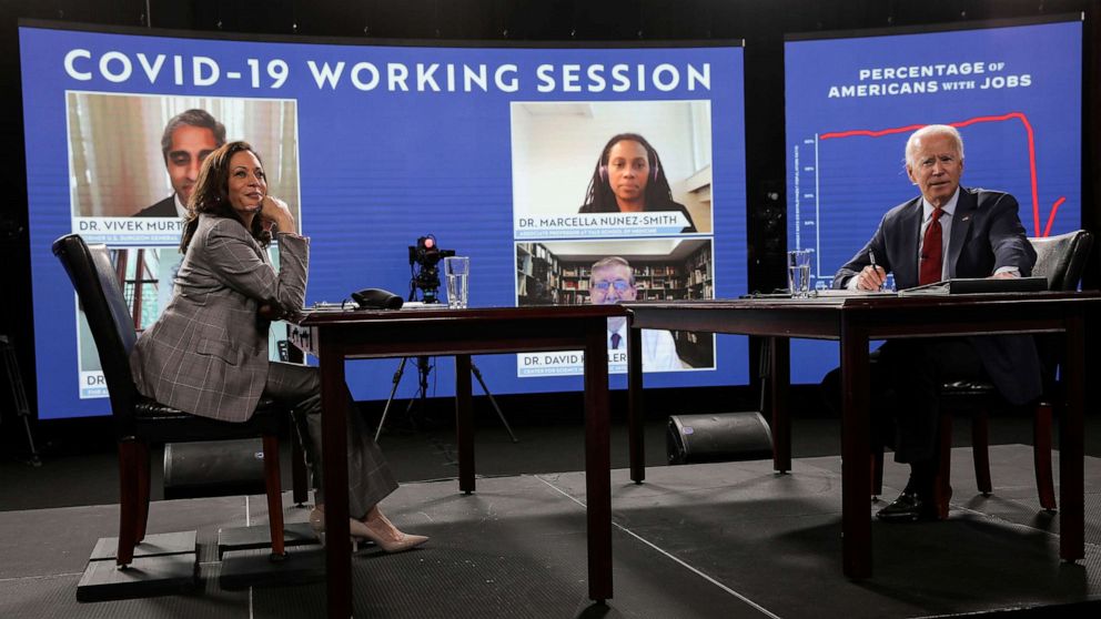 PHOTO: Democratic presidential candidate Joe Biden and vice presidential candidate Kamala Harris are seated prior to participating in a briefing on the COVID-19 pandemic from public health officials, in Wilmington, Del., Aug. 13, 2020.