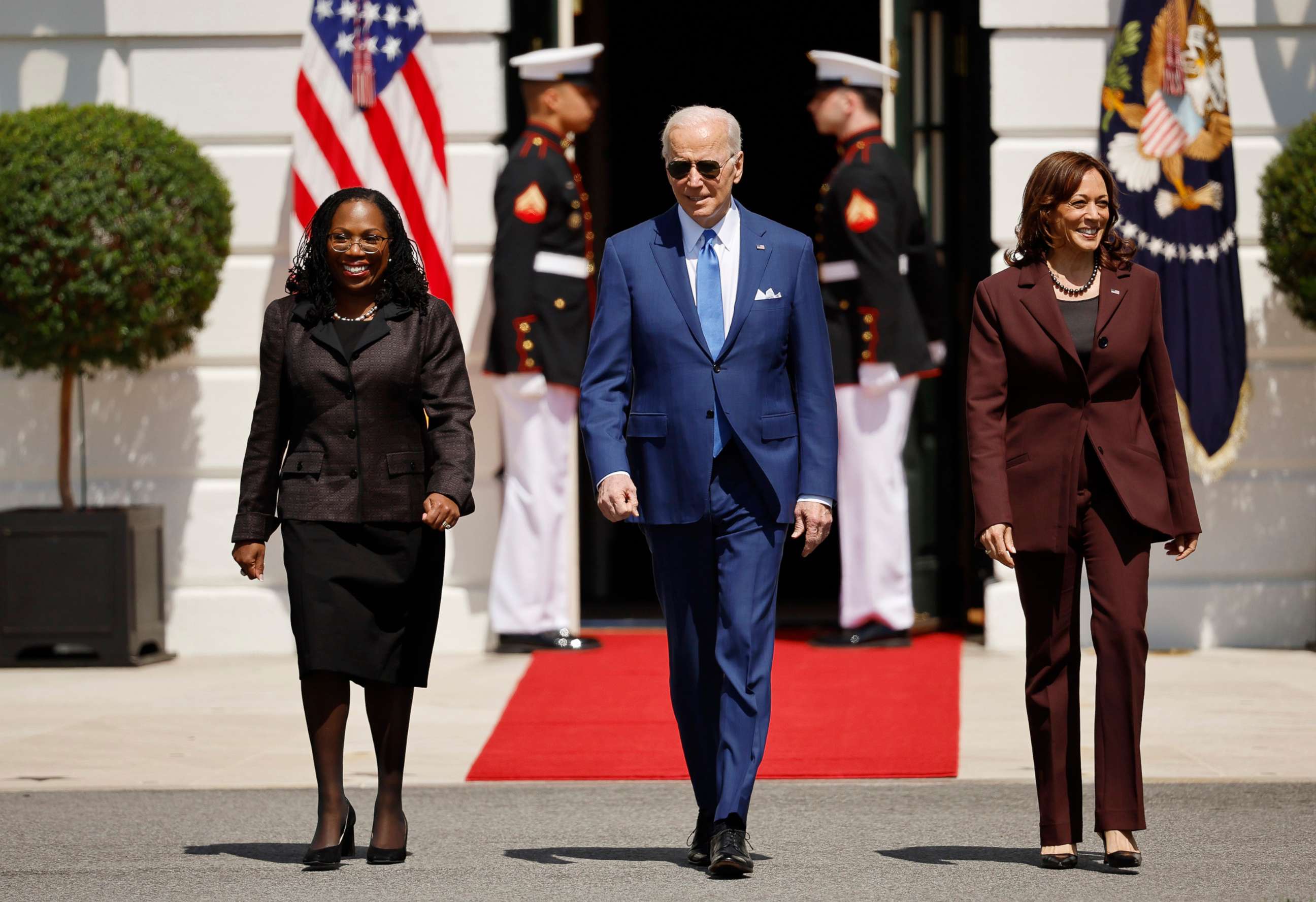 PHOTO: President Joe Biden and Vice President Kamala Harris, right, host Judge Ketanji Brown Jackson, left, for an event celebrating her confirmation to the U.S. Supreme Court on the South Lawn of the White House on April 08, 2022 in Washington.