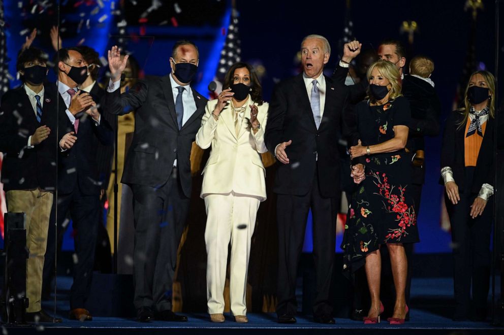 PHOTO: President-elect Joe Biden and Vice President-elect Kamala Harris react as confetti falls after delivering remarks in Wilmington, Delaware, Nov. 7, 2020.