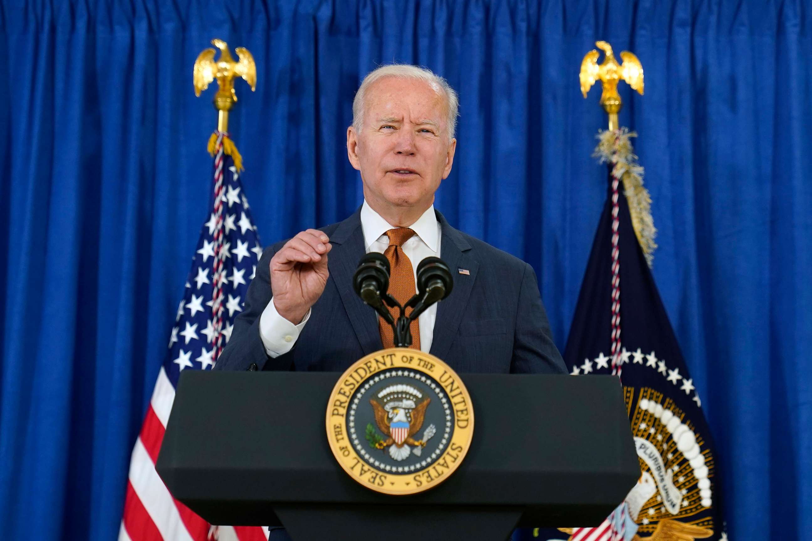 PHOTO: President Joe Biden talks about the May jobs report from the Rehoboth Beach Convention Center in Rehoboth Beach, Del., June 4, 2021.