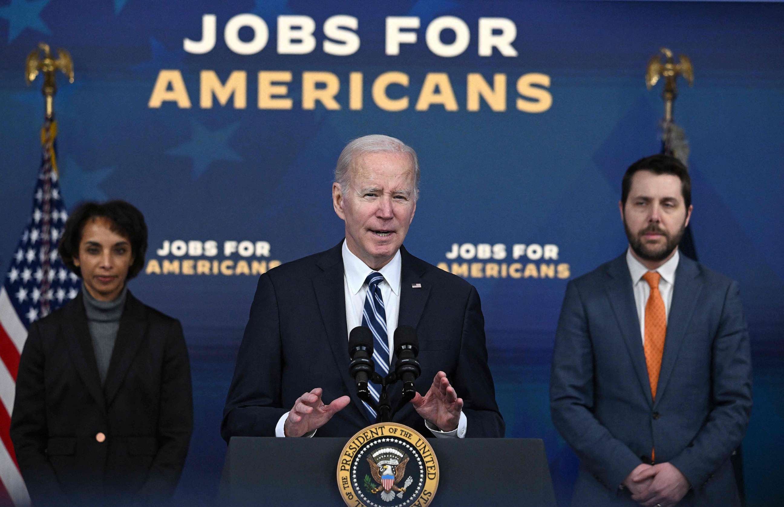 PHOTO: President Joe Biden speaks about the January 2023 jobs report in the Eisenhower Executive Office Building, next to the White House in Washington, Feb. 3, 2023. US job gains surged unexpectedly last month.