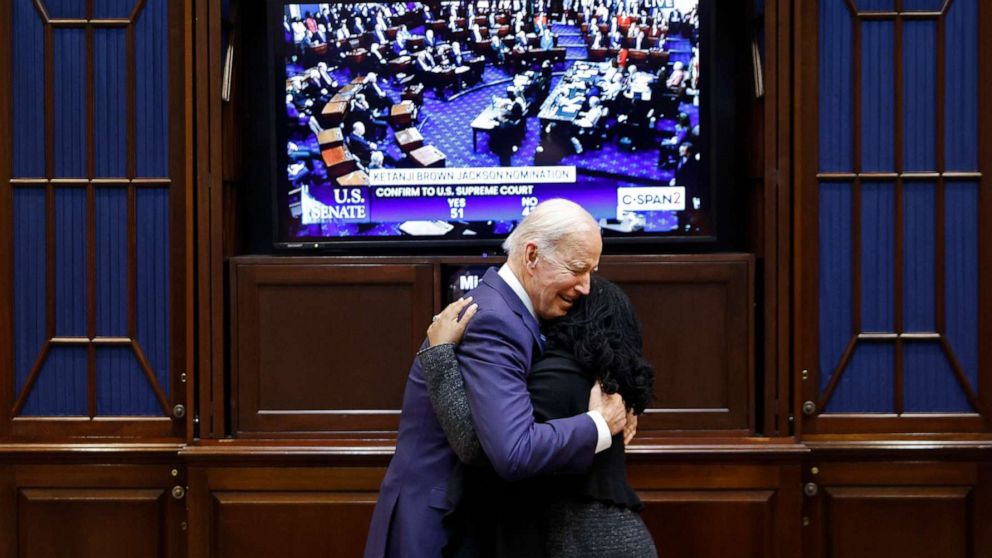 PHOTO: President Joe Biden embraces Ketanji Brown Jackson moments after the U.S. Senate confirmed her to be the first Black woman to be a justice on the Supreme Court in the Roosevelt Room at the White House on April 07, 2022 in Washington.