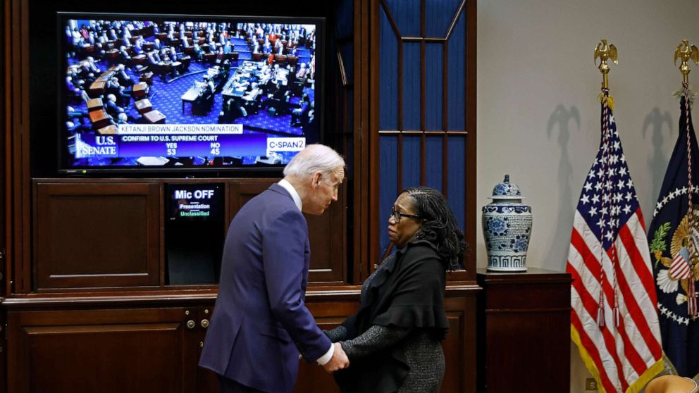 PHOTO: President Joe Biden congratulates Ketanji Brown Jackson moments after the U.S. Senate confirmed her to be the first Black woman to be a justice on the Supreme Court in the Roosevelt Room at the White House on April 07, 2022 in Washington.