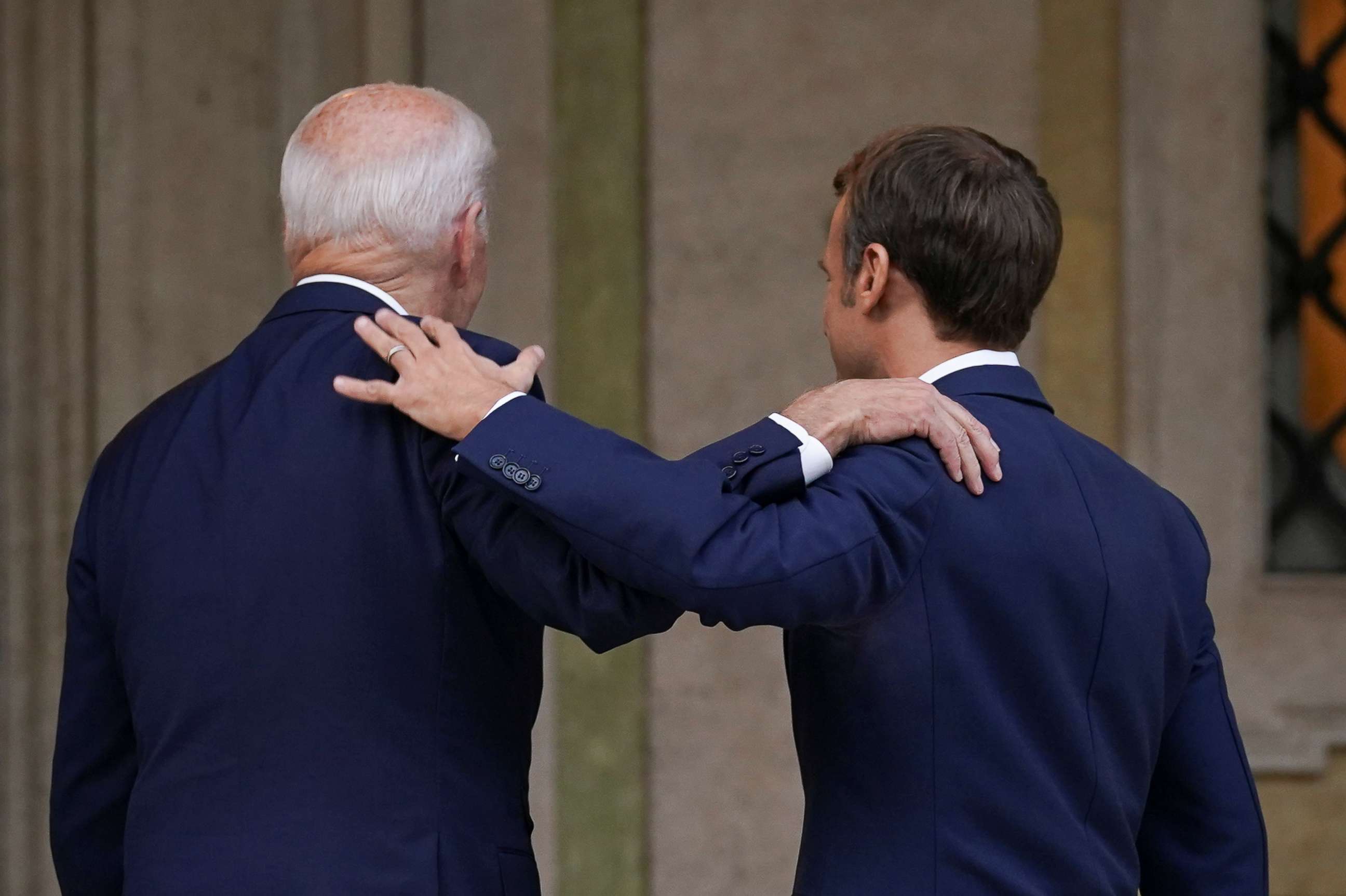 PHOTO: President Joe Biden meets with French President Emmanuel Macron ahead of the G20 summit in Rome, Oct. 29, 2021.