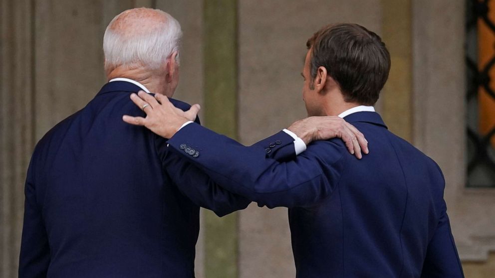 PHOTO: President Joe Biden meets with French President Emmanuel Macron ahead of the G20 summit in Rome, Oct. 29, 2021.
