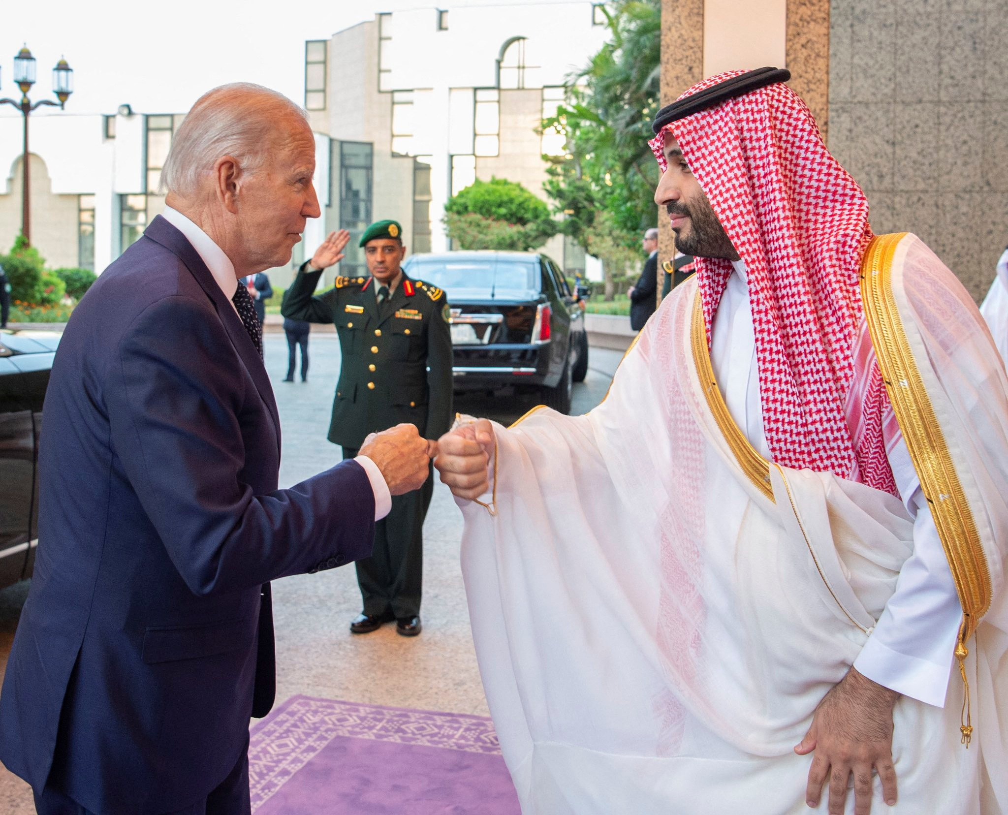PHOTO: Saudi Crown Prince Mohammed bin Salman fist bumps President Joe Biden upon his arrival at Al Salman Palace, in Jeddah, Saudi Arabia, July 15, 2022.