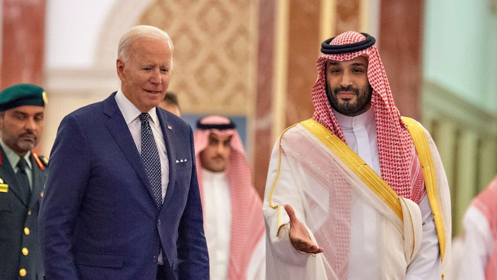 PHOTO: Saudi Crown Prince Mohammed bin Salman receives President Joe Biden at Al Salman Palace upon his arrival in Jeddah, Saudi Arabia, July 15, 2022.