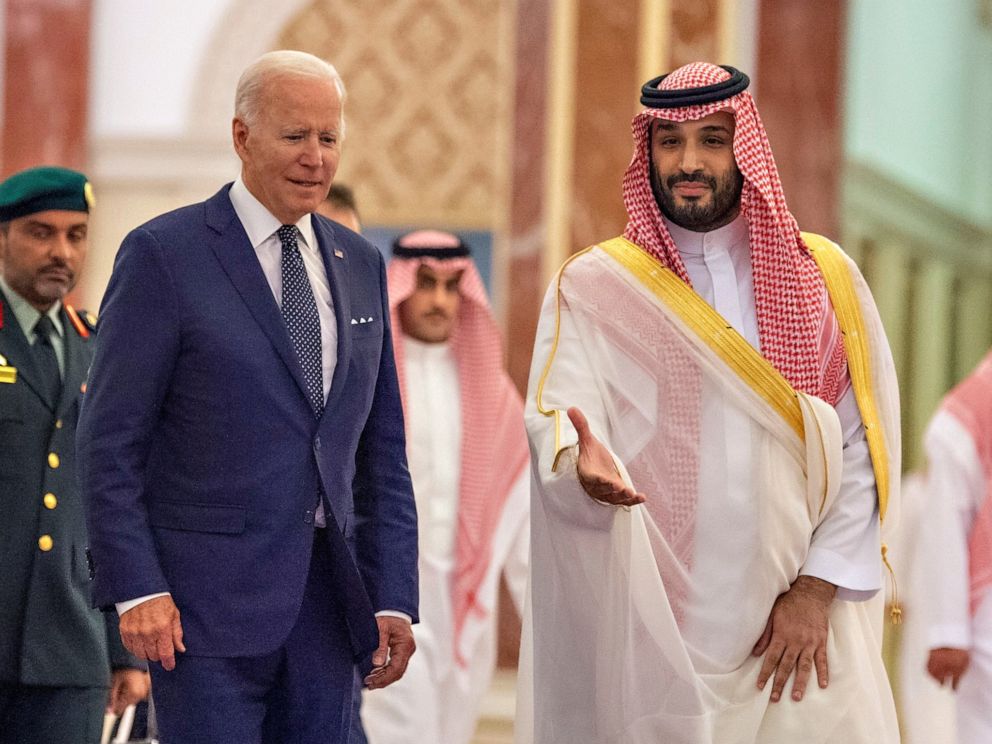 PHOTO: Saudi Crown Prince Mohammed bin Salman receives President Joe Biden at Al Salman Palace upon his arrival in Jeddah, Saudi Arabia, July 15, 2022.