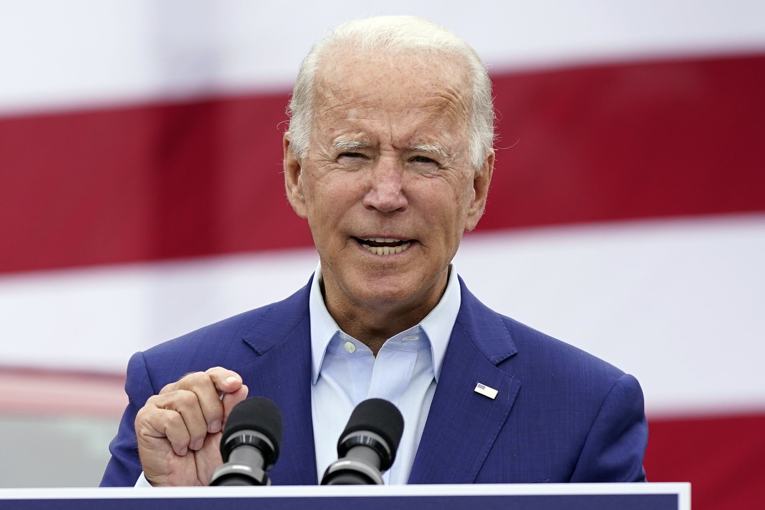 PHOTO: Democratic presidential candidate former Vice President Joe Biden speaks during a campaign event on manufacturing and buying American-made products at UAW Region 1 headquarters in Warren, Mich., Sept. 9, 2020.