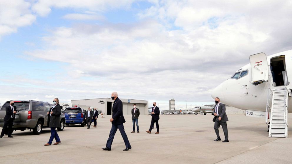 PHOTO: Democratic presidential candidate former Vice President Joe Biden arrives at the Gerald R. Ford International Airport in Grand Rapids, Mich., Oct. 2, 2020.