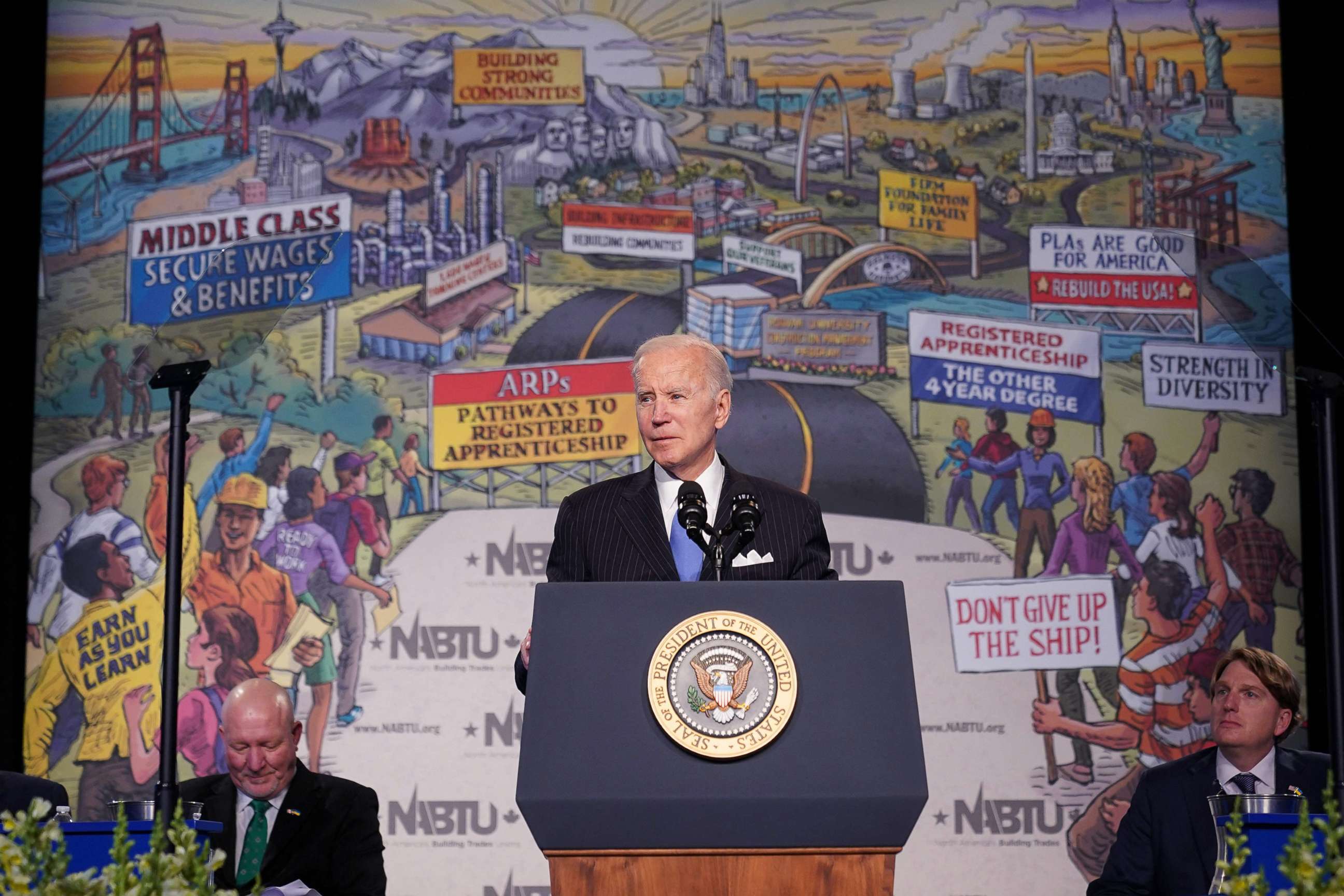 PHOTO: President Joe Biden addresses trades leaders at the North Americas Building Trades Unions (NABTU) Legislative Conference at the Washington Hilton Hotel in Washington, D.C., April 6, 2022.