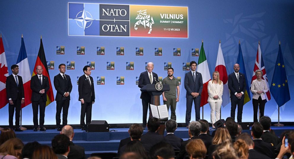 PHOTO: President Joe Biden speaks alongside Ukrainian President Volodymyr Zelenskyy and fellow G7 leaders during a declaration of joint support for Ukraine, July 12, 2023 in Vilnius, Lithuania.