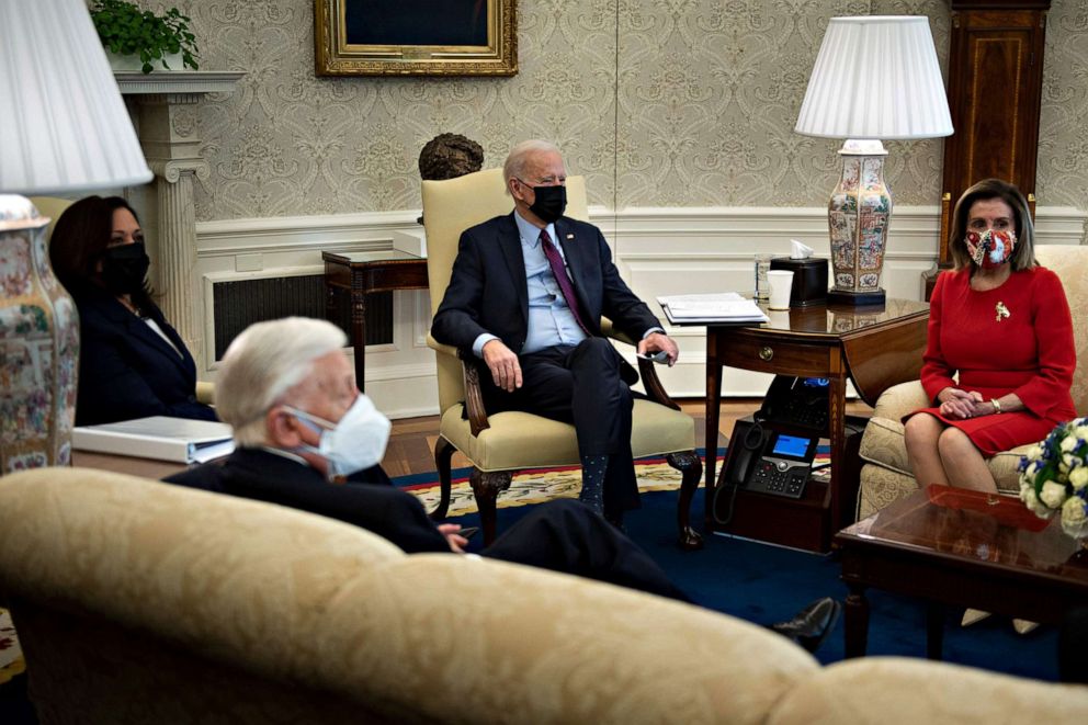 PHOTO: President Joe Biden and Vice President Kamala Harris meet with House Majority Leader Steny Hoyer, Speaker of the House Nancy Pelosi, and others during a meeting in the Oval Office of the White House Feb. 5, 2021, in Washington.