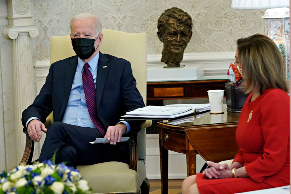 PHOTO: President Joe Biden, speaks with House Speaker Nancy Pelosi in the Oval Office of the White House, Feb. 5, 2021, in Washington.