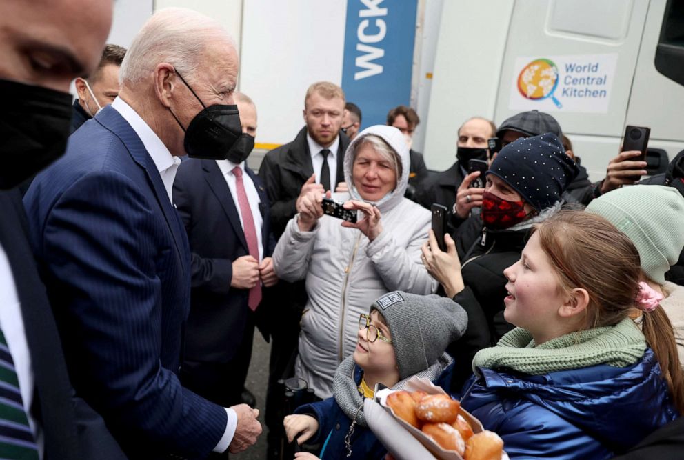 PHOTO: President Joe Biden visits Ukrainian refugees at the PGE National Stadium, in Warsaw, Poland March 26, 2022.