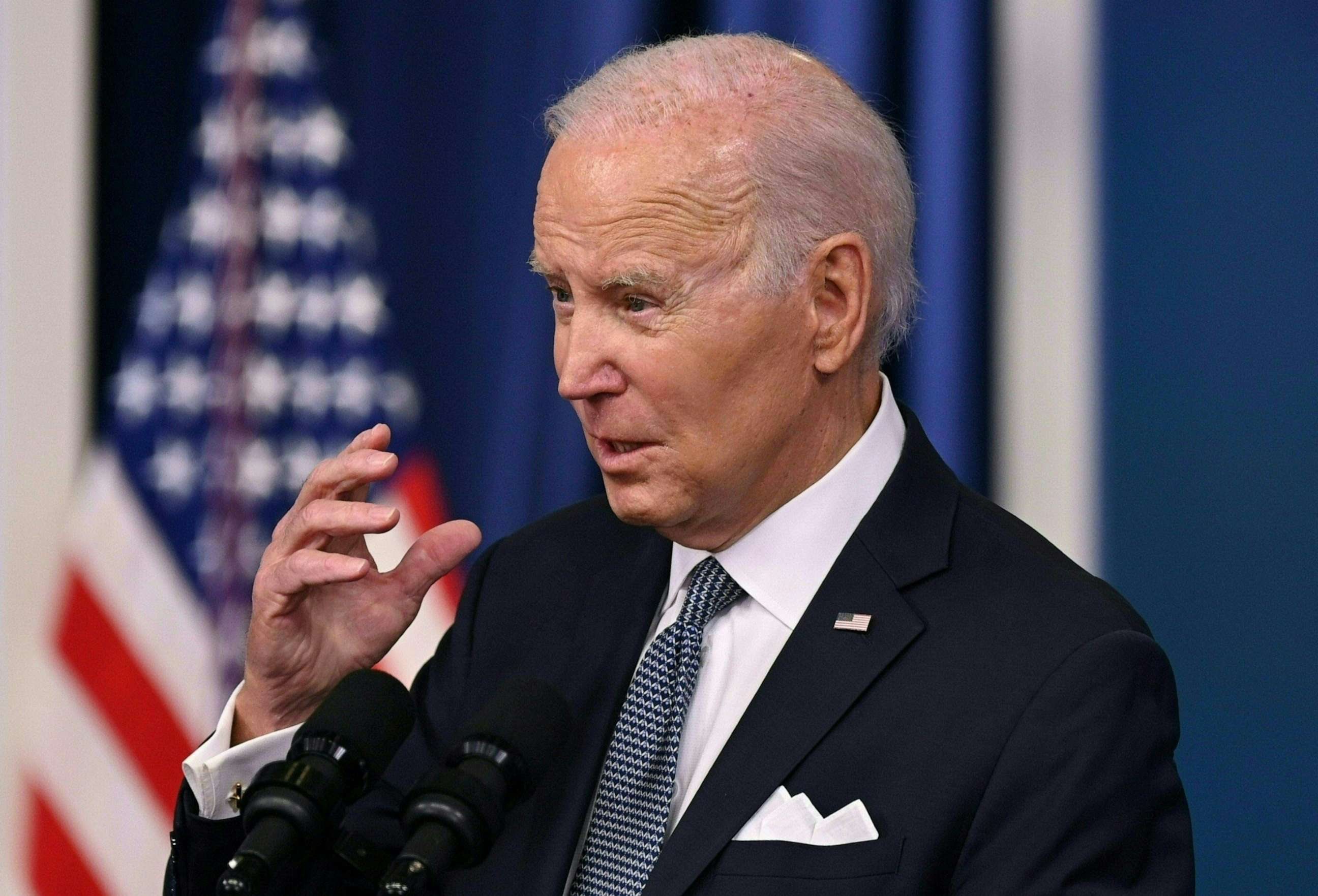 PHOTO: President Joe Biden speaks about the economy in the Eisenhower Executive Office Building next to the White House in Washington, Jan. 12, 2023.