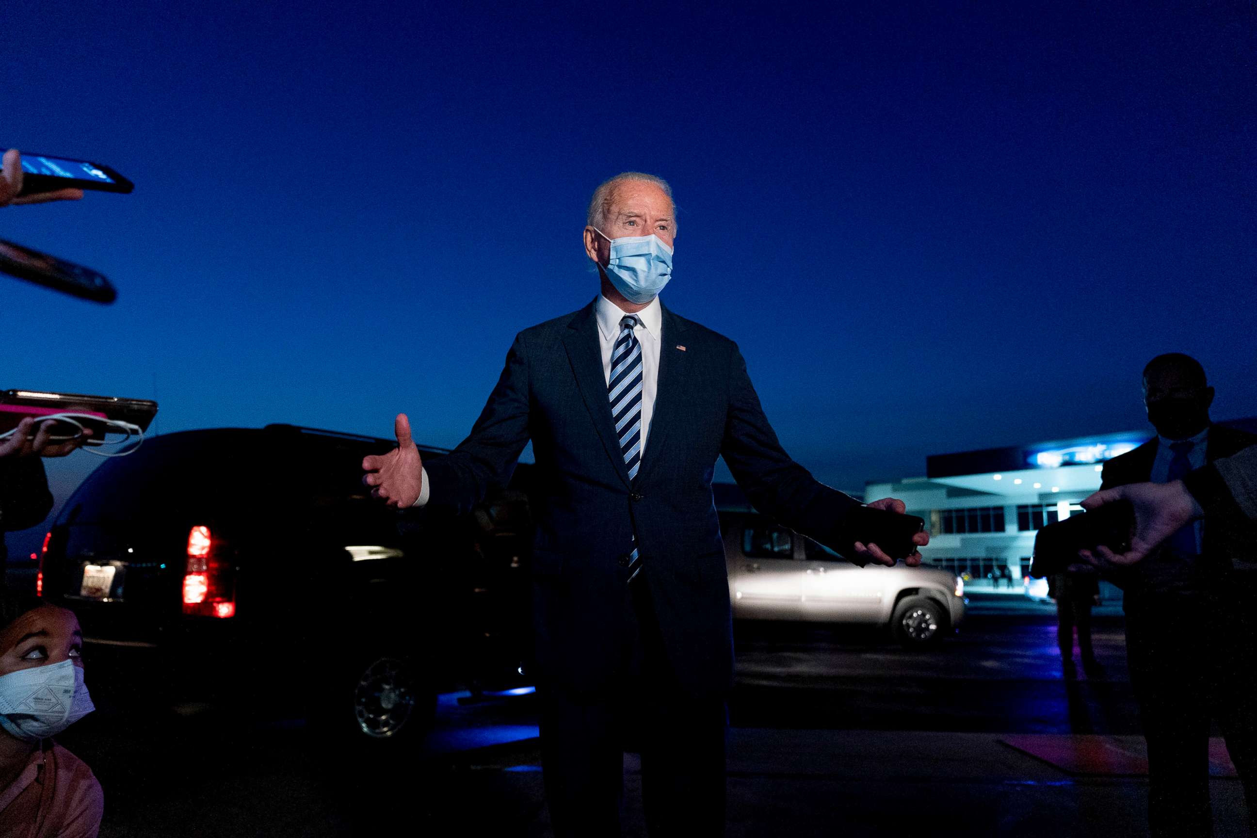 PHOTO: Democratic presidential candidate former Vice President Joe Biden speaks to the media before boarding his campaign plane at Hagerstown Regional Airport in Hagerstown, Md.,Oct. 6, 2020, to travel home to Wilmington, Del.after visiting Gettysburg,Pa.