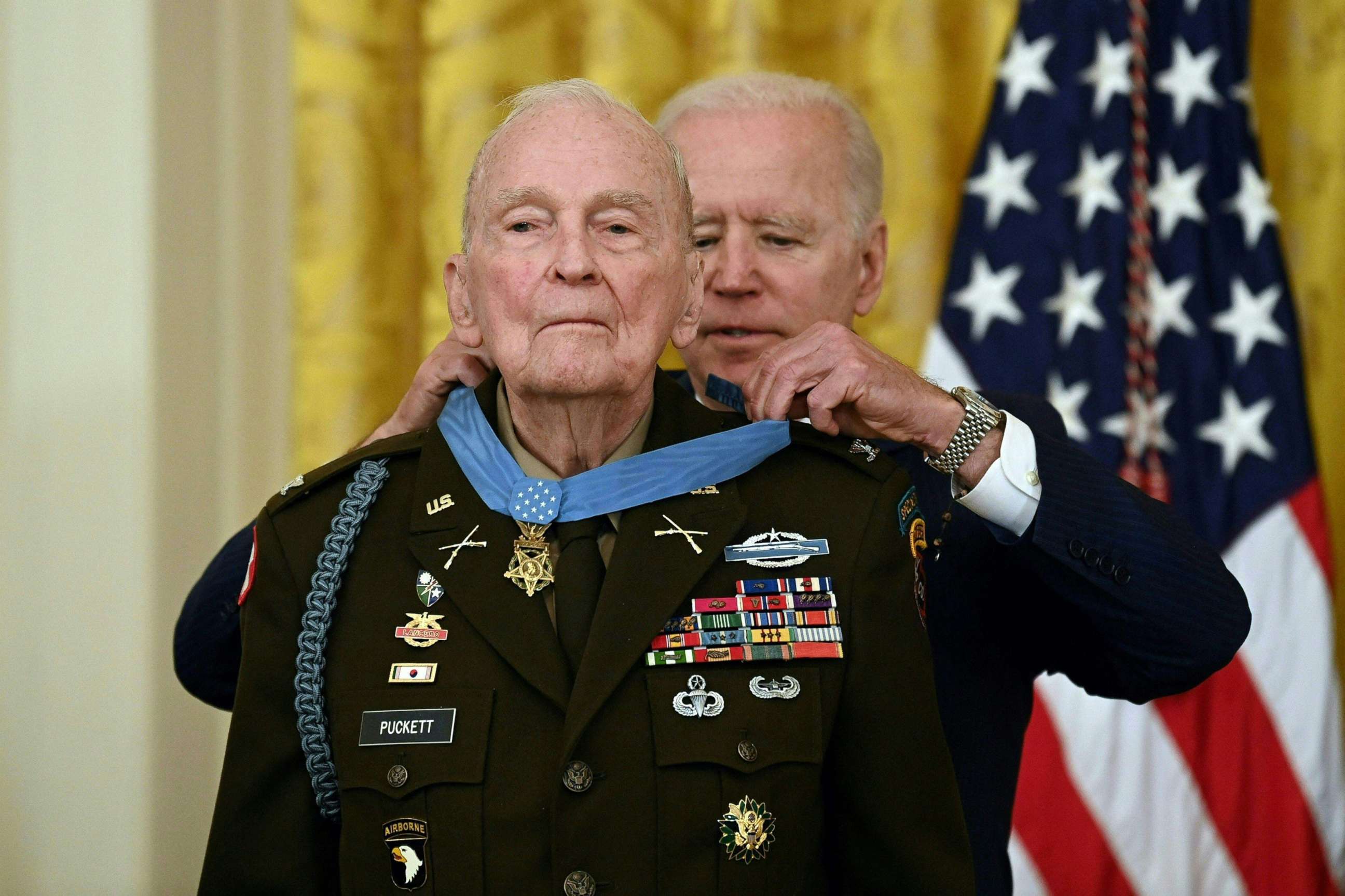 PHOTO: President Joe Biden presents the Medal of Honor to 94-year-old retired Army colonel Ralph Pukett Jr., for conspicuous gallantry while serving during the Korean War, in a ceremony in the East Room of the White House in Washington on May 21, 2021.