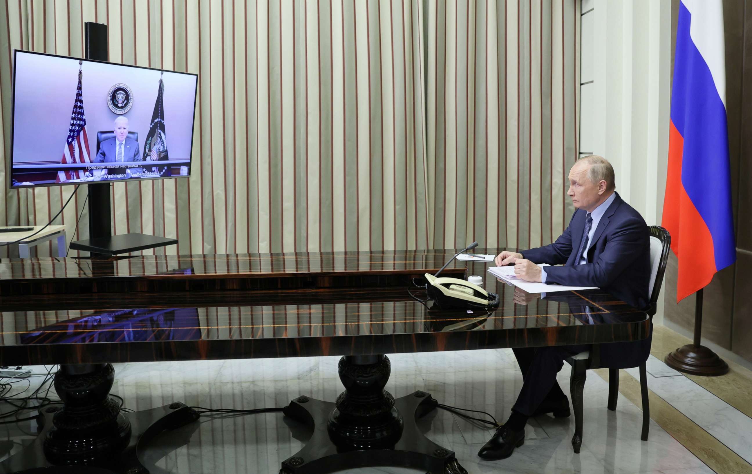 PHOTO: Russian President Vladimir Putin holds talks with U.S. President Joe Biden via a video link in Sochi, Russia, Dec. 7, 2021.