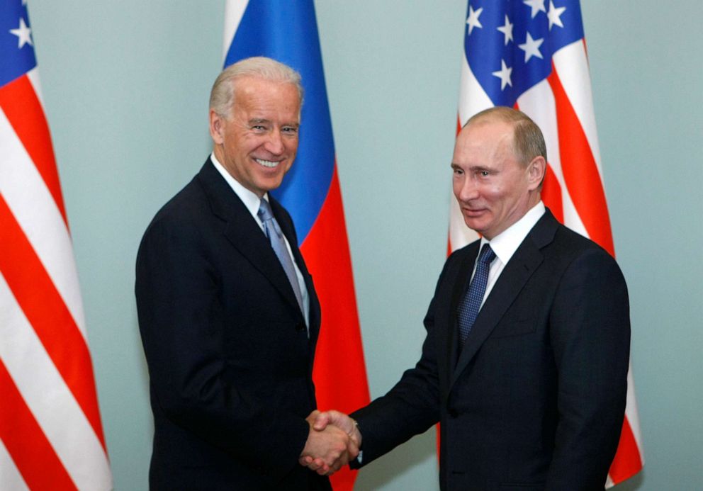 PHOTO: In this March 10, 2011, file photo, then-Vice President Joe Biden, left, shakes hands with Russian Prime Minister Vladimir Putin in Moscow.