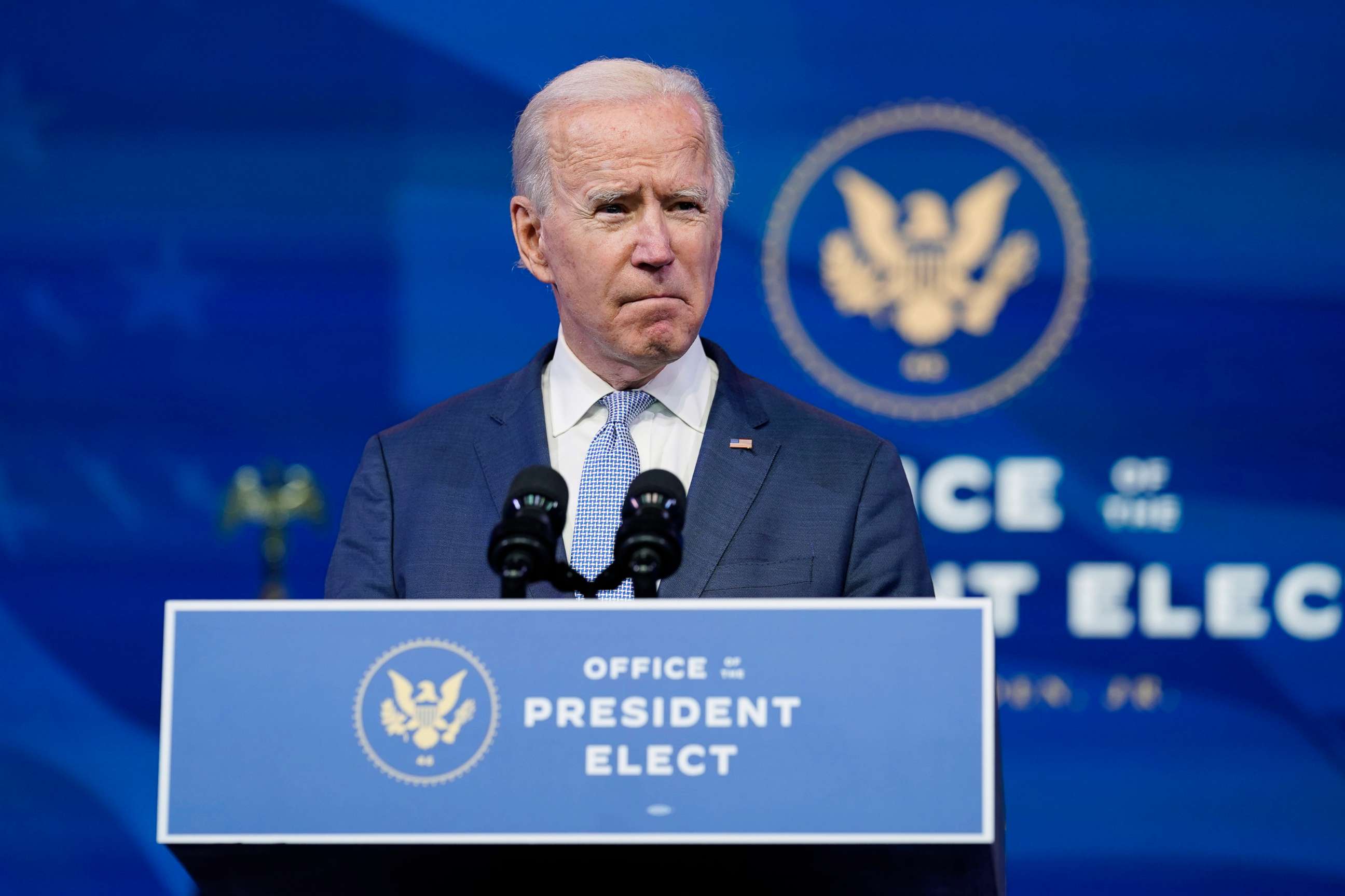 PHOTO: President-elect Joe Biden speaks at The Queen theater in Wilmington, Del., Jan. 6, 2021.