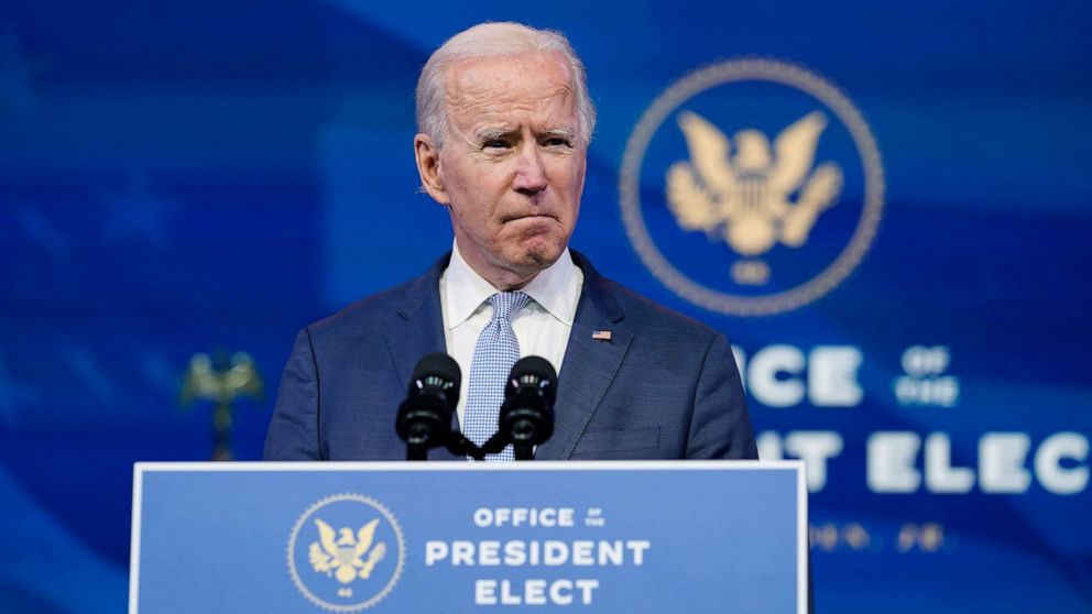 PHOTO: President-elect Joe Biden speaks at The Queen theater in Wilmington, Del., Jan. 6, 2021.