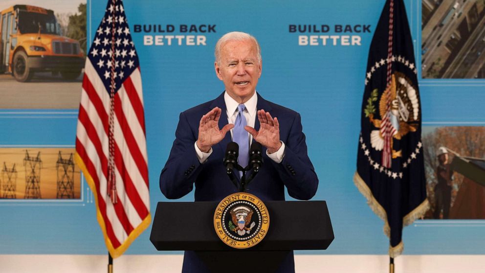 PHOTO: President Joe Biden delivers remarks on the economy and the Labor Department's September jobs report in the Eisenhower Executive Office Building's South Court Auditorium at the White House in Washington, Oct. 8, 2021.