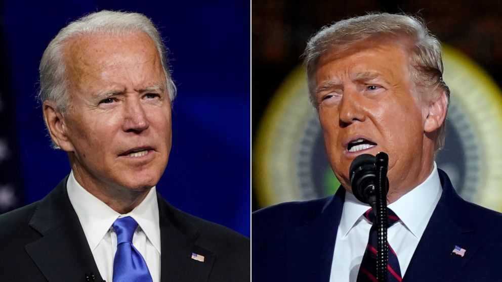 PHOTO: Former Vice President Joe Biden, left, accepts the 2020 Democratic presidential nomination, Aug. 20, 2020. At right, President Donald Trump speaks accepts the Republican presidential nomination, Aug. 27, 2020, in Washington.