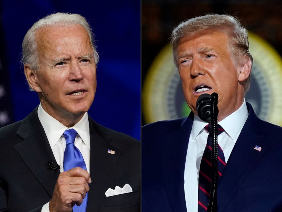 PHOTO: Former Vice President Joe Biden, left, accepts the 2020 Democratic presidential nomination, Aug. 20, 2020. At right, President Donald Trump speaks accepts the Republican presidential nomination, Aug. 27, 2020, in Washington.