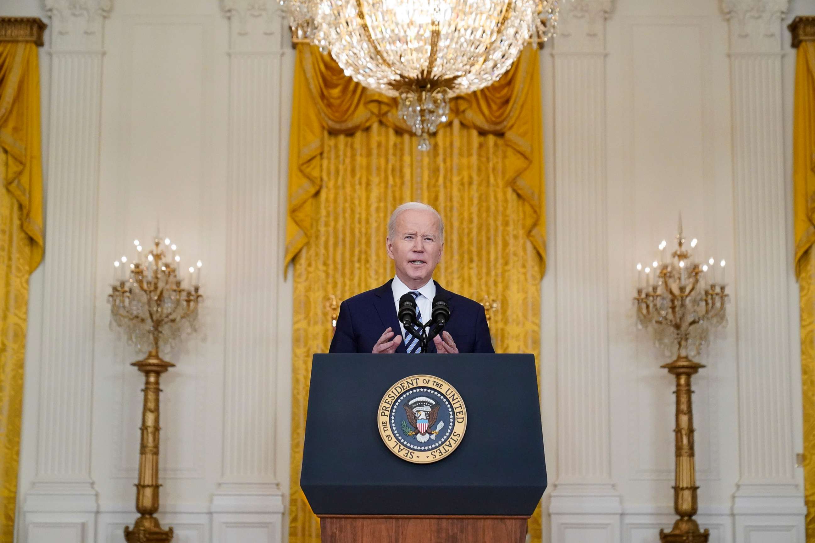PHOTO: President Joe Biden speaks about the Russian invasion of Ukraine in the East Room of the White House, Feb. 24, 2022, in Washington, D.C. 