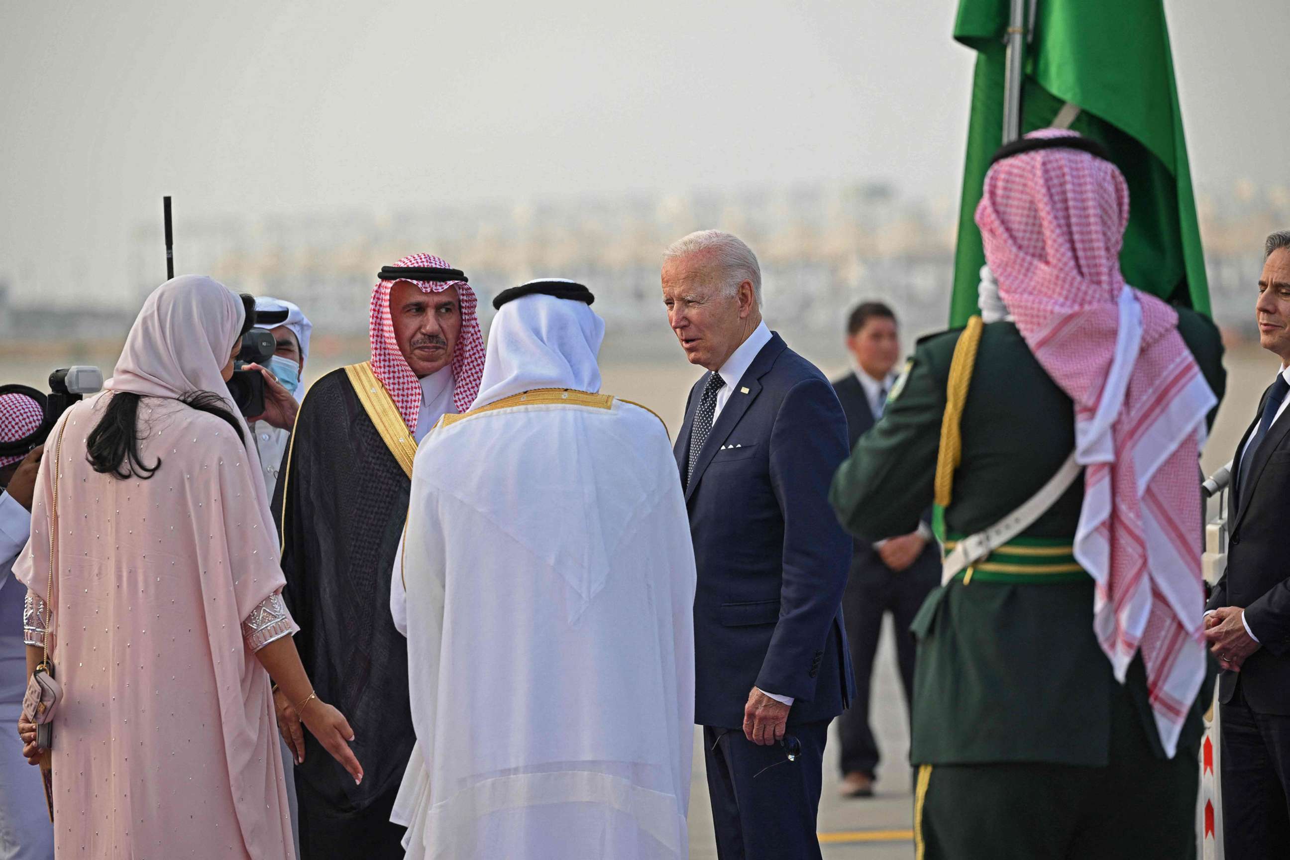 PHOTO: President Joe Biden is welcomed at the King Abdulaziz International Airport in the Saudi Arabian coastal city of Jeddah on July 15, 2022.