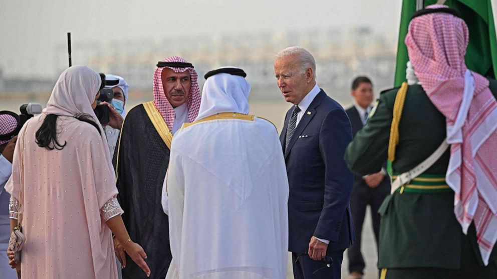 PHOTO: President Joe Biden is welcomed at the King Abdulaziz International Airport in the Saudi Arabian coastal city of Jeddah on July 15, 2022.