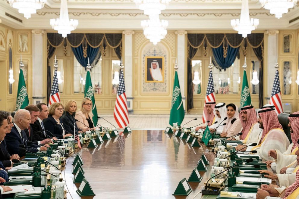 PHOTO: President Joe Biden participates in a working session with Saudi Crown Prince Mohammed bin Salman at the Al Salman Royal Palace, July 15, 2022, in Jeddah, Saudi Arabia.