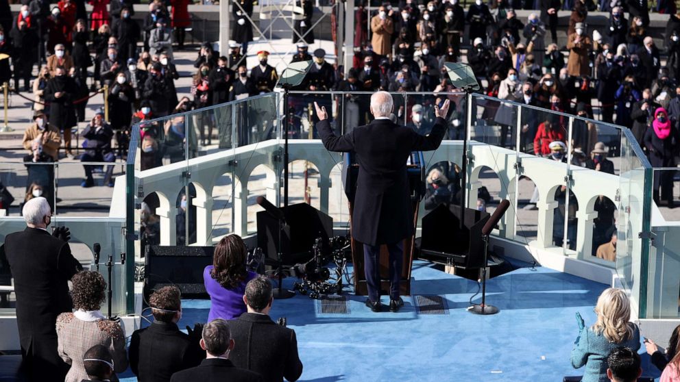 PHOTO: President Joe Biden delivers his inaugural address on the West Front of the U.S. Capitol on Jan. 20, 2021, in Washington.
