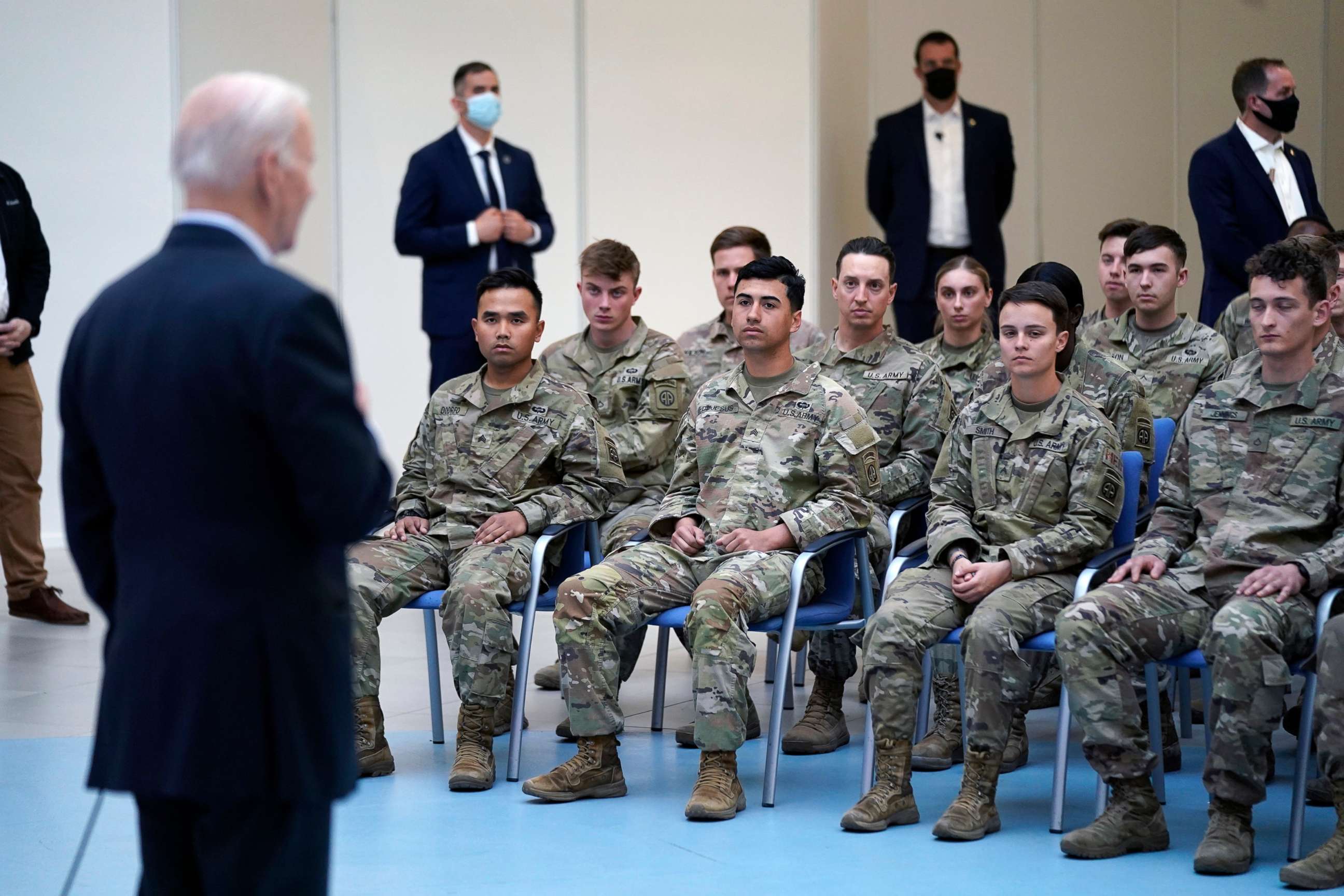 PHOTO: President Joe Biden speaks to members of the 82nd Airborne Division at the G2A Arena, March 25, 2022, in Jasionka, Poland.