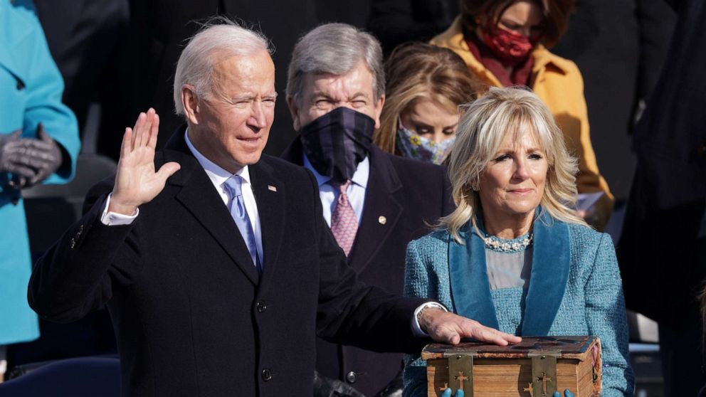 PHOTO: Joe Biden is sworn in as President as Jill Biden looks on during his inauguration on the West Front of the U.S. Capitol on Jan. 20, 2021, in Washington.