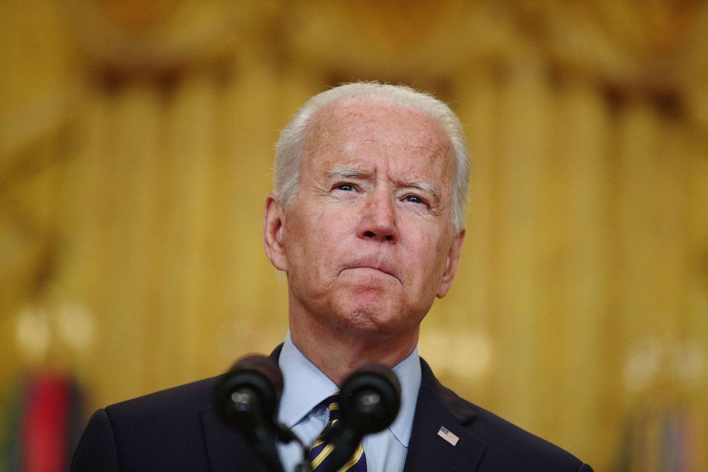 PHOTO: President Joe Biden meets with advisors in the East Room of the White House in Washington, D.C., July 8, 2021. Biden addressed the U.S. troop drawdown from Afghanistan, where the Taliban is rapidly advancing on the heels of the U.S. departure.