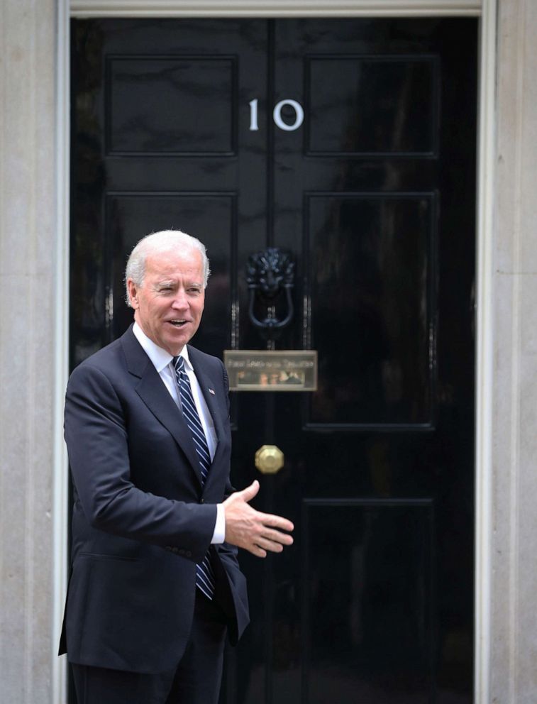 PHOTO: Vice President Joe Biden gestures as he arrives at Downing Street on Feb. 5, 2013 in London to meet with Prime Minister David Cameron and Deputy Prime Minister Nick Clegg.