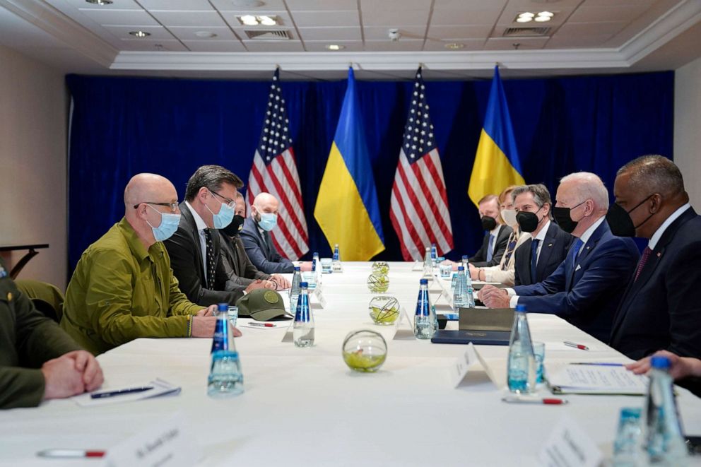PHOTO: President Joe Biden participates in a meeting with Ukrainian Foreign Minister Dmytro Kuleba, second from left, and Ukrainian Defense Minister Oleksii Reznikov, left, Saturday, March 26, 2022, in Warsaw.