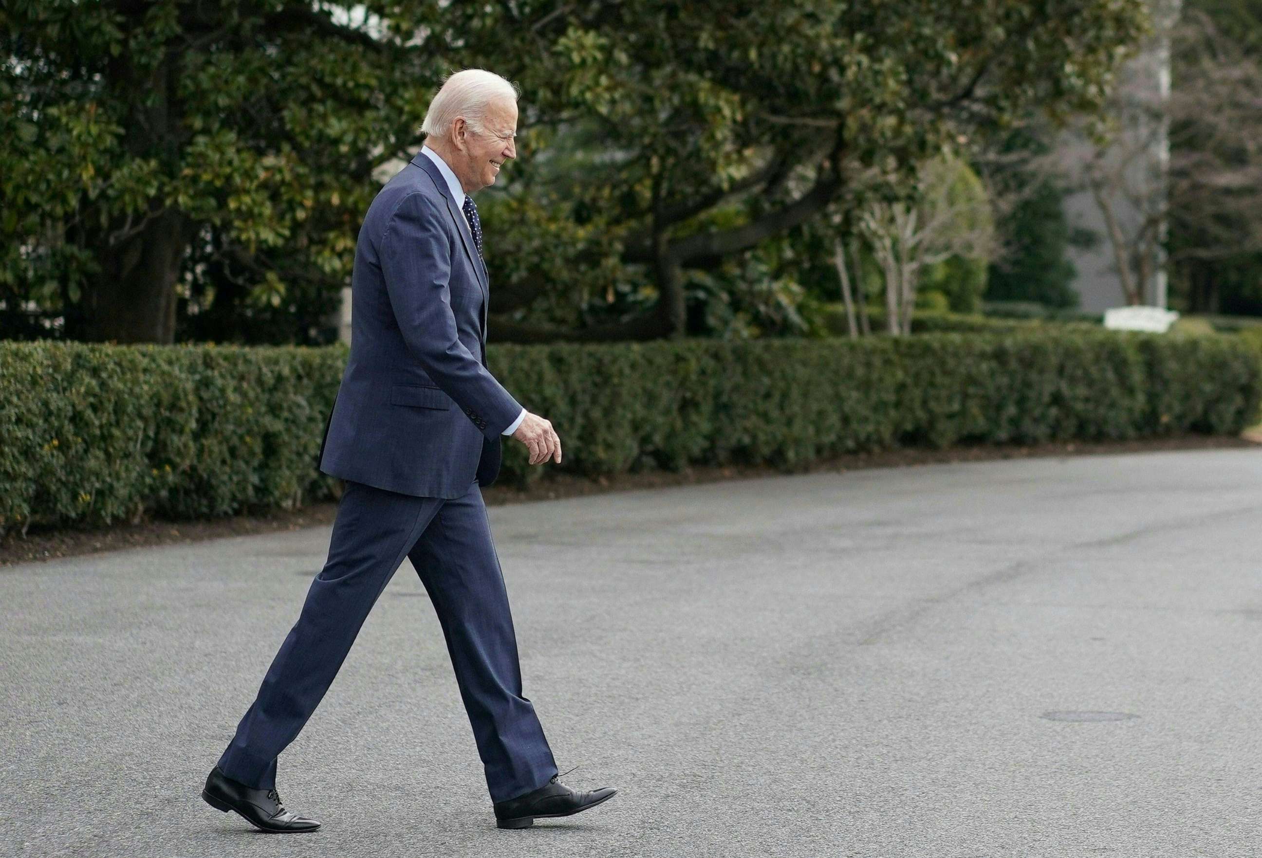 PHOTO: President Joe Biden walks to Marine One on the South Lawn of the White House in Washington on his way to Walter Walter Reed National Military Medical Center, Feb. 16, 2023, for an annual physical exam.